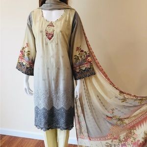 Beige to Gray 3-Piece Lawn Chikankari with Chiffon Dupatta